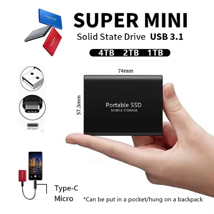 Portable SSD External Hard Drive 1TB–4TB USB 3.1 Type-C