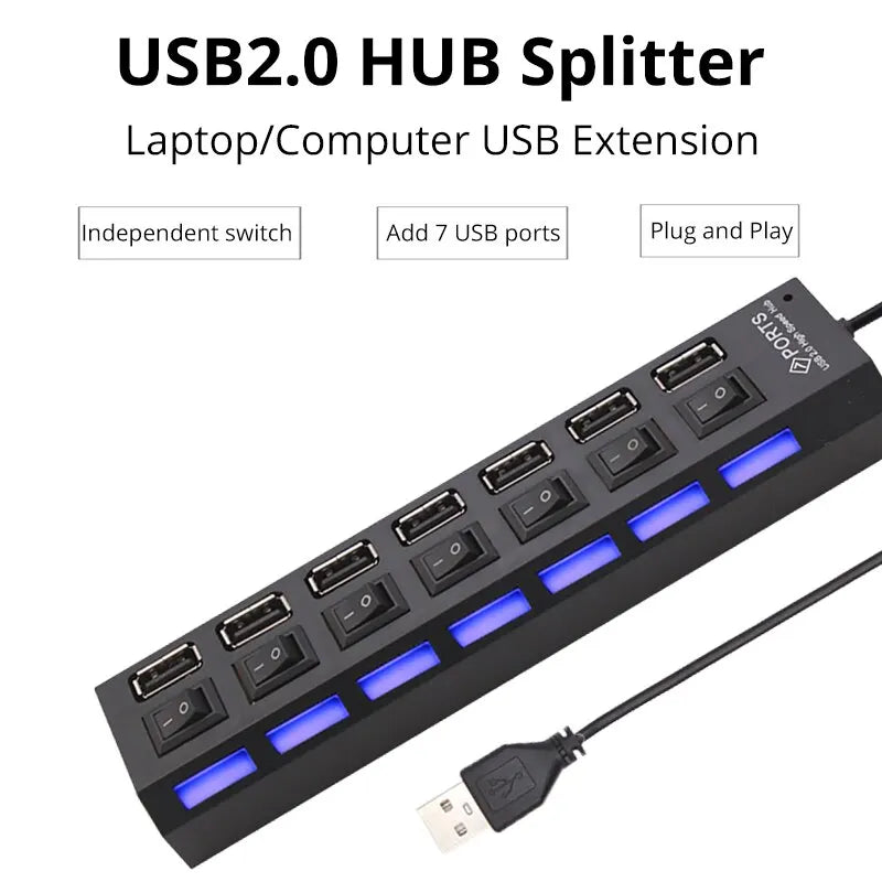 7-Port USB 2.0 Extension Hub Splitter for PC, Laptop, and Desktop