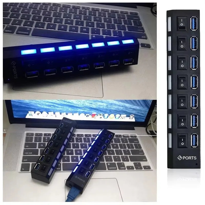 7-Port USB 2.0 Extension Hub Splitter for PC, Laptop, and Desktop