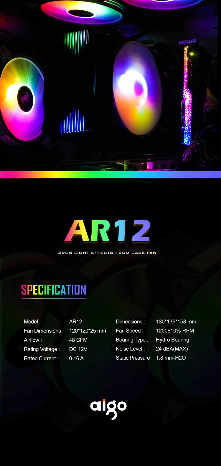Aigo AR12 120mm ARGB PC Case Fan