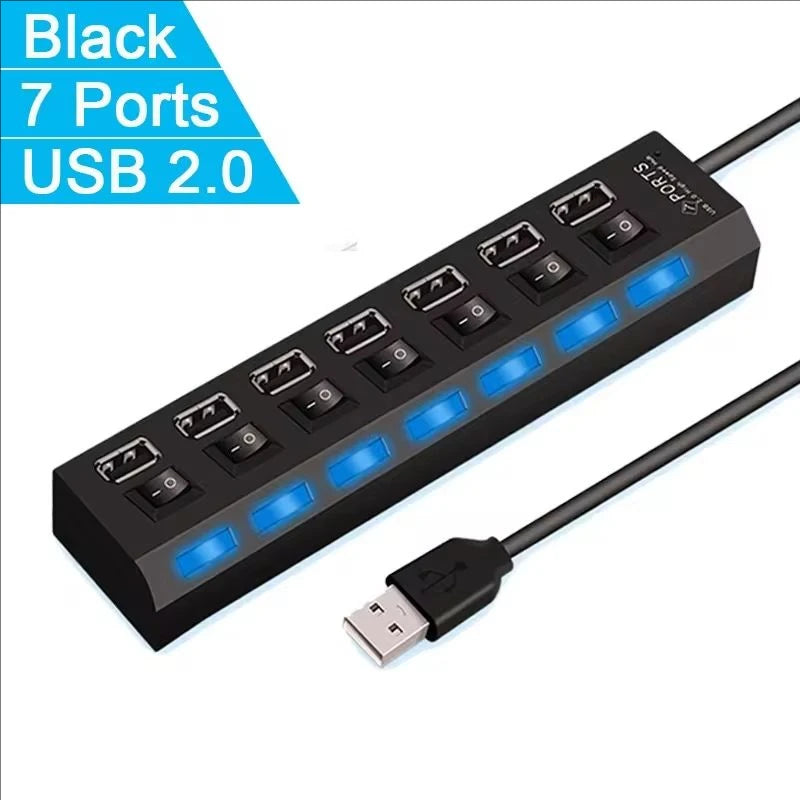 7-Port USB 2.0 Extension Hub Splitter for PC, Laptop, and Desktop
