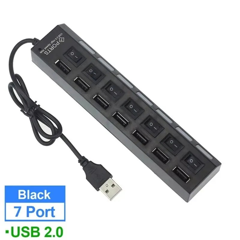 7-Port USB 2.0 Extension Hub Splitter for PC, Laptop, and Desktop