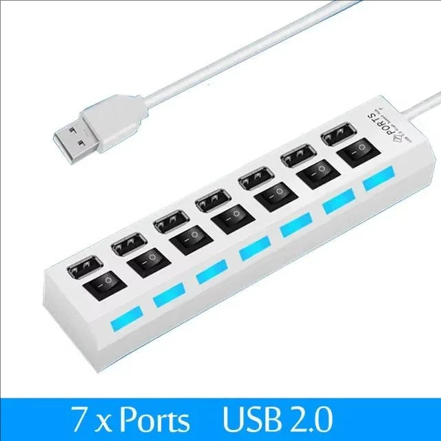 7-Port USB 2.0 Extension Hub Splitter for PC, Laptop, and Desktop