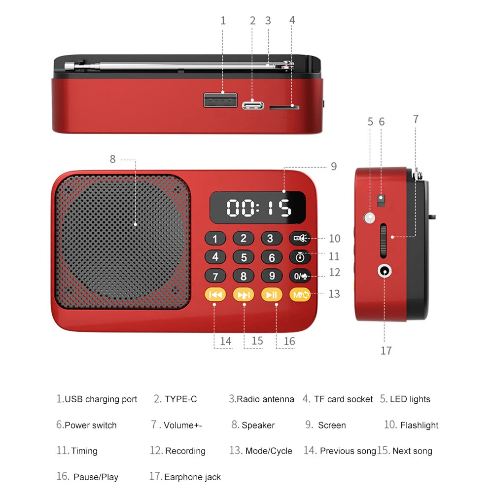 Portable Digital FM Radio Music Player with USB/TF Support and LED Display