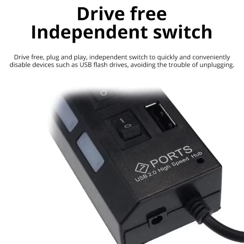 7-Port USB 2.0 Extension Hub Splitter for PC, Laptop, and Desktop
