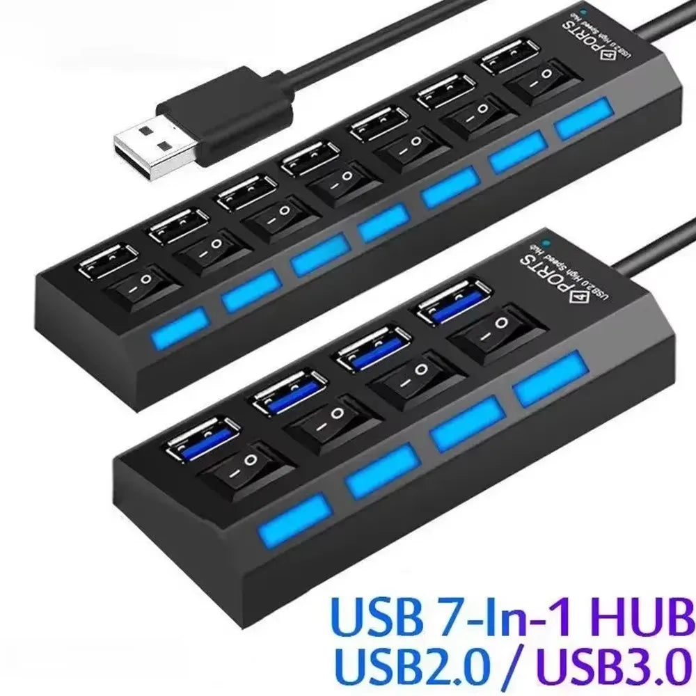 7-Port USB 2.0 Extension Hub Splitter for PC, Laptop, and Desktop