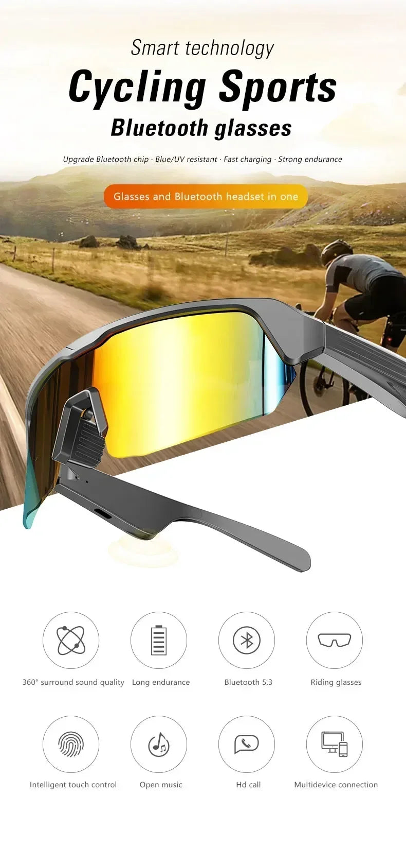 YJ006 Cycling Bluetooth Smart Glasses with Audio Call and Music Headset
