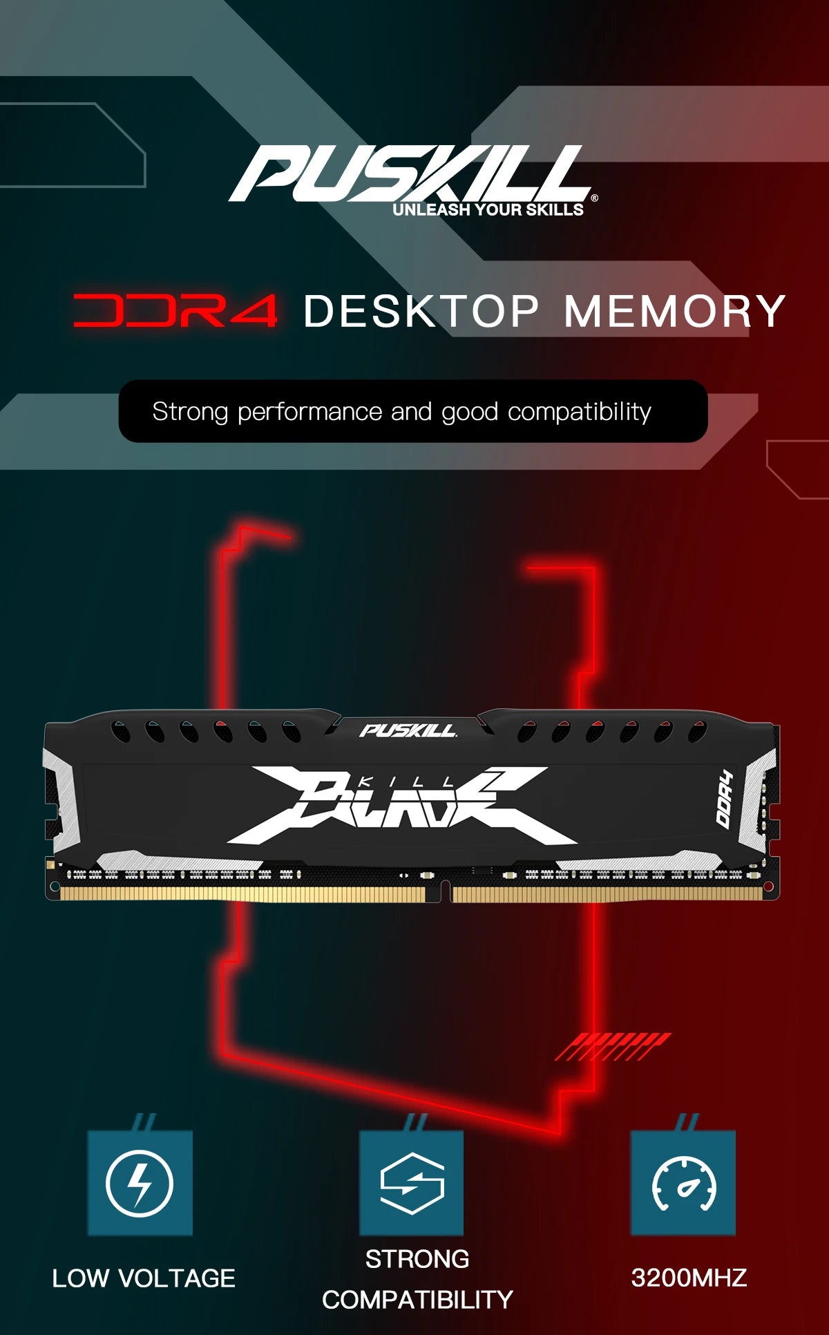 PUSKILL DDR4 Desktop RAM 8GB/16GB 2666MHz–3200MHz UDIMM with Heat Spreader