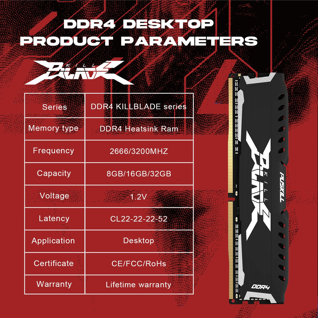 PUSKILL DDR4 Desktop RAM 8GB/16GB 2666MHz–3200MHz UDIMM with Heat Spreader